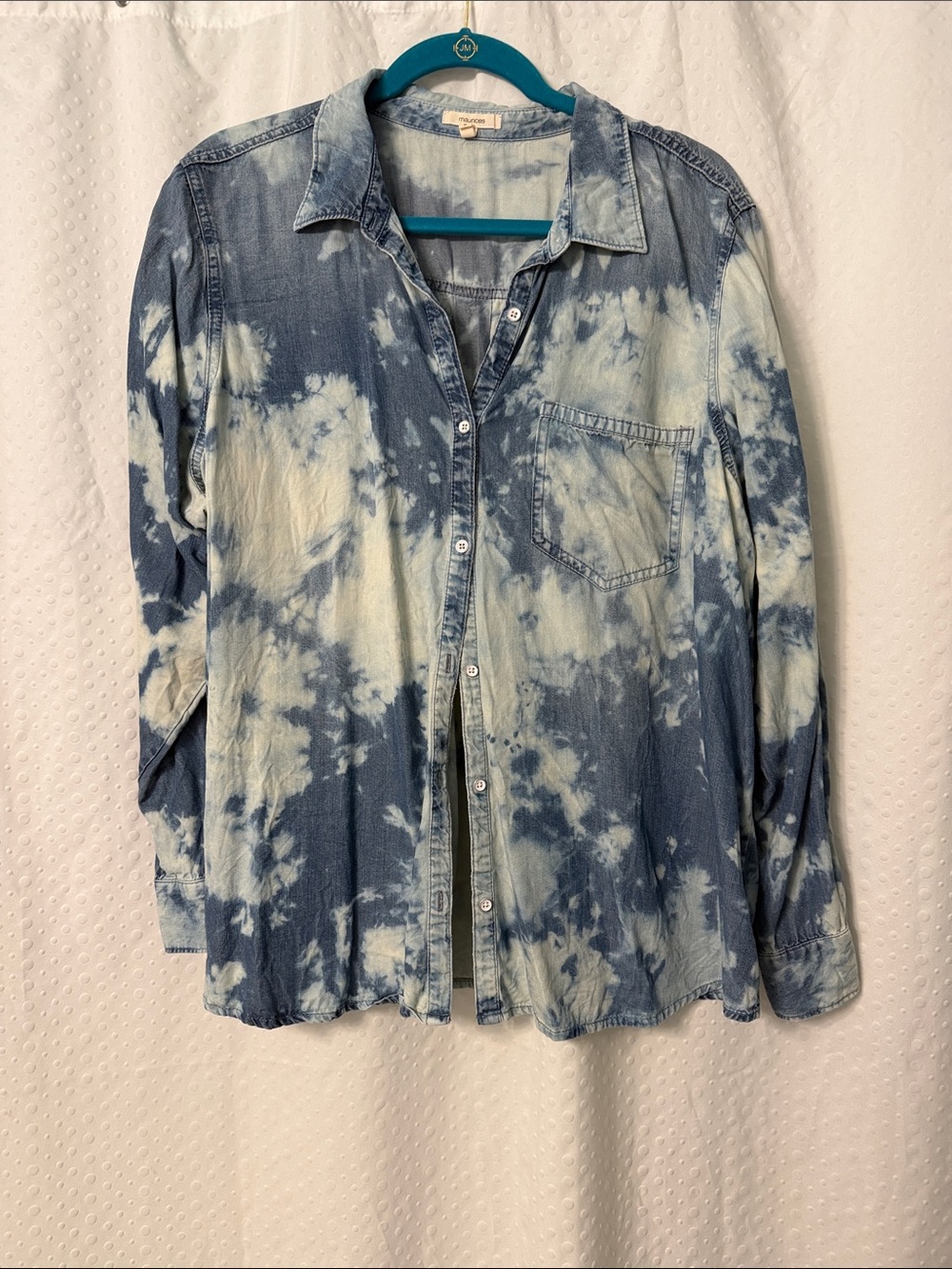 Maurices Blue Jean and White Tie-Dye Button Down Shirt